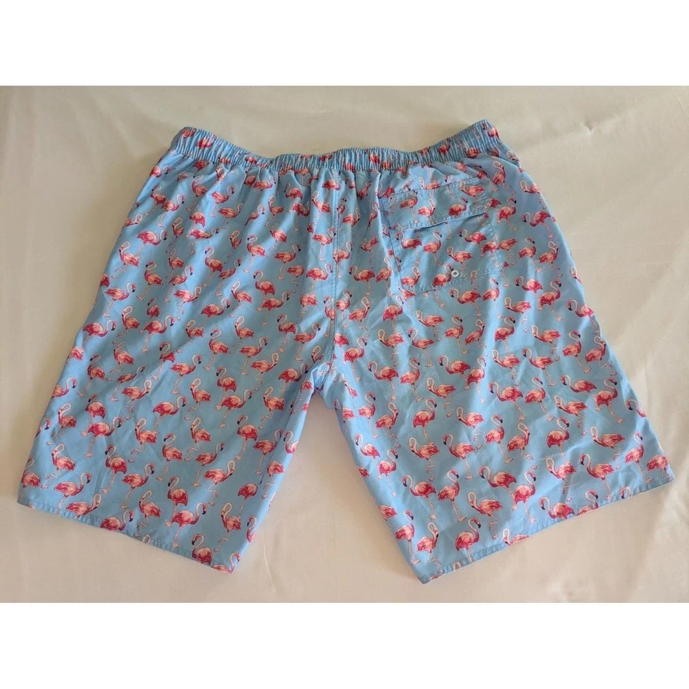 St Johns Bay Swim Shorts Tie Waist Size 3XLT Brief Lined Blue Pink Flamingos‎